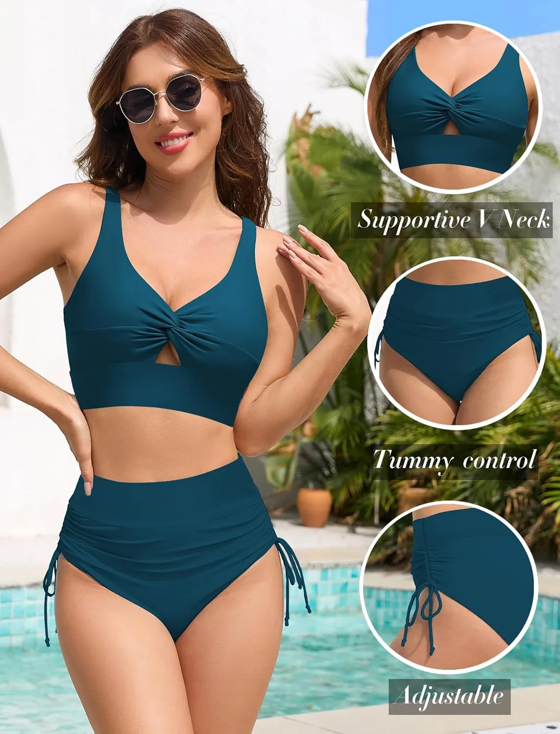 ZAFUL Women High Waisted Bikini Sets Color Block Swimsuit Two Piece Knot Twist Cut Out Drawstring Bathing Suit