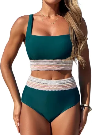 ZAFUL Women High Waisted Bikini Tummy Control Swimsuits Two Piece Swim Suits for Women 2025 Sporty Bathing Suit Swimwear