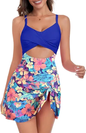 ZAFUL Women One Piece Swimdress Tummy Control Bathing Suit Push Up Swimsuit Modest Swimwear Cutout V Neck Cute Tie Knot Skirt