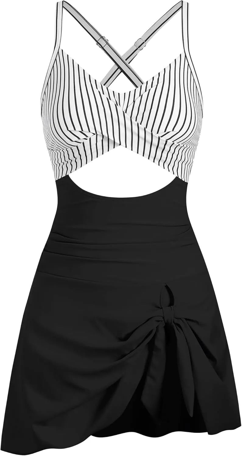 ZAFUL Women One Piece Swimdress Tummy Control Bathing Suit Push Up Swimsuit Modest Swimwear Cutout V Neck Cute Tie Knot Skirt