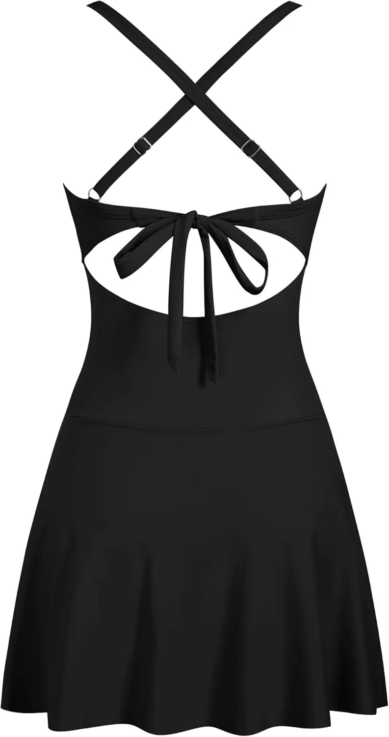 ZAFUL Women One Piece Swimdress Tummy Control Bathing Suit Push Up Swimsuit Modest Swimwear Cutout V Neck Cute Tie Knot Skirt
