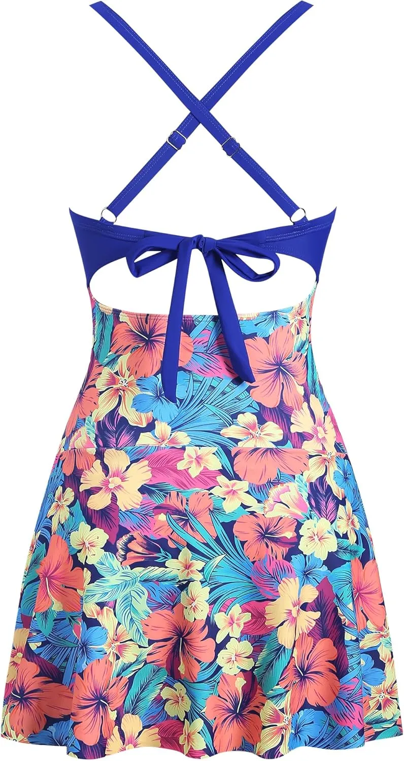 ZAFUL Women One Piece Swimdress Tummy Control Bathing Suit Push Up Swimsuit Modest Swimwear Cutout V Neck Cute Tie Knot Skirt