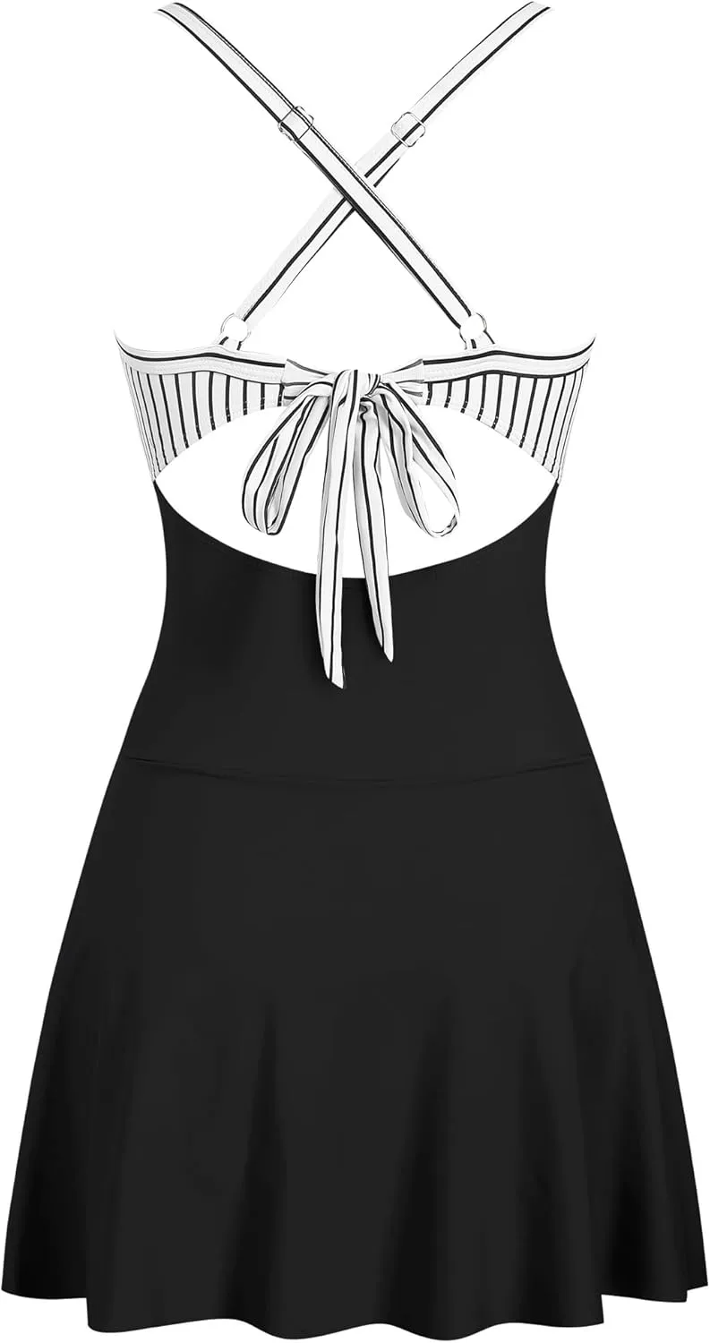 ZAFUL Women One Piece Swimdress Tummy Control Bathing Suit Push Up Swimsuit Modest Swimwear Cutout V Neck Cute Tie Knot Skirt