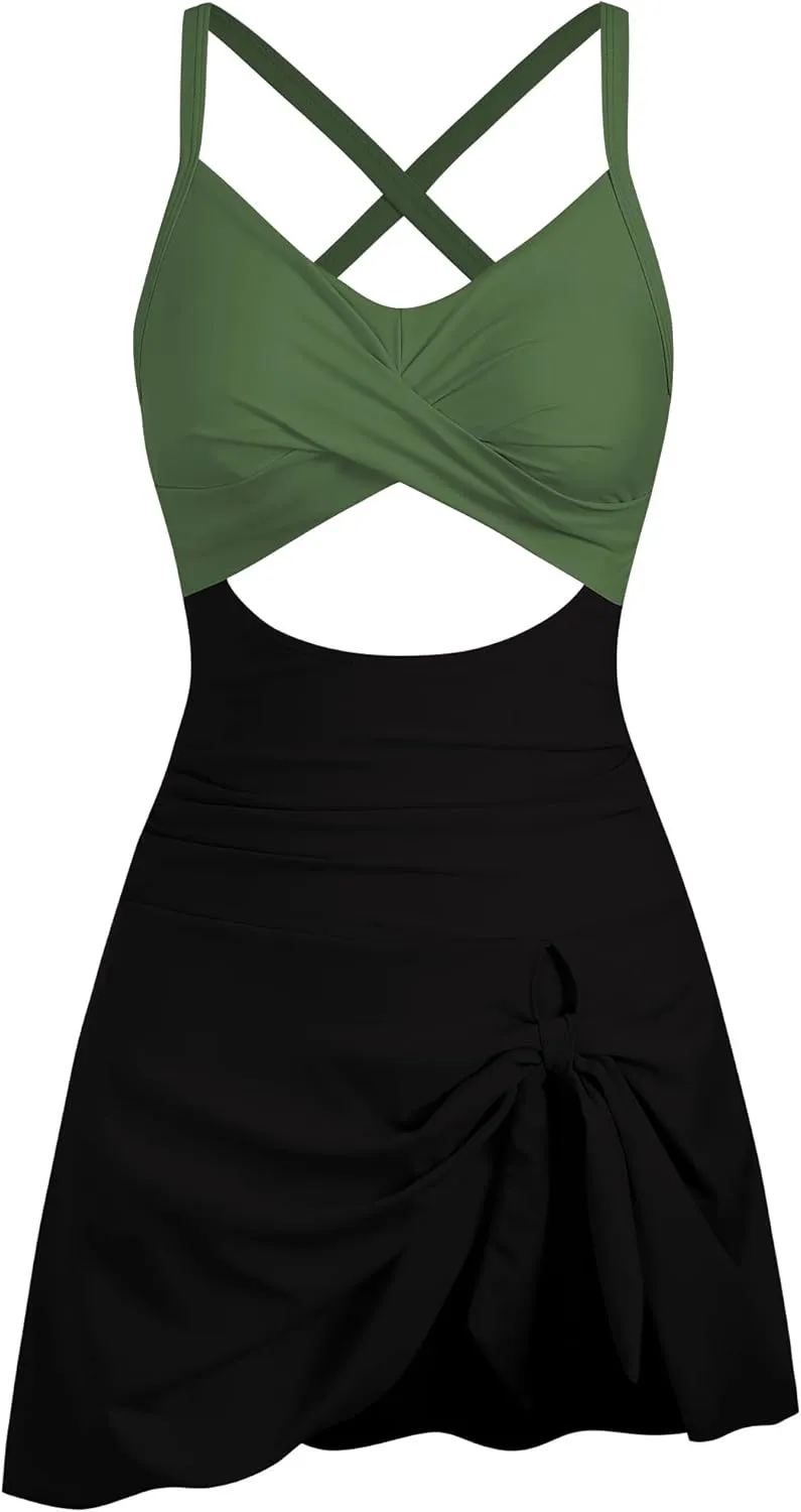 ZAFUL Women One Piece Swimdress Tummy Control Bathing Suit Push Up Swimsuit Modest Swimwear Cutout V Neck Cute Tie Knot Skirt