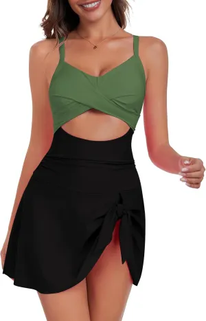 ZAFUL Women One Piece Swimdress Tummy Control Bathing Suit Push Up Swimsuit Modest Swimwear Cutout V Neck Cute Tie Knot Skirt