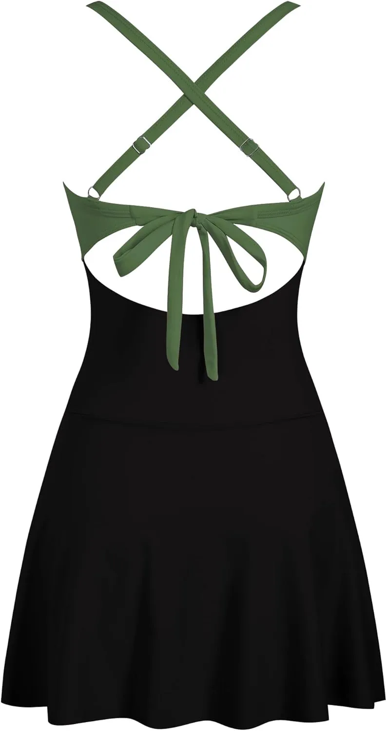 ZAFUL Women One Piece Swimdress Tummy Control Bathing Suit Push Up Swimsuit Modest Swimwear Cutout V Neck Cute Tie Knot Skirt