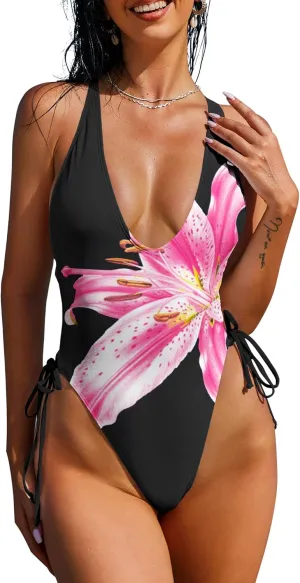 ZAFUL Women Plunging One Piece Swimsuit Backless Cross Tie High Cut Thong One-Piece Bathing Suit