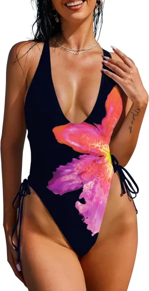 ZAFUL Women Plunging One Piece Swimsuit Backless Cross Tie High Cut Thong One-Piece Bathing Suit