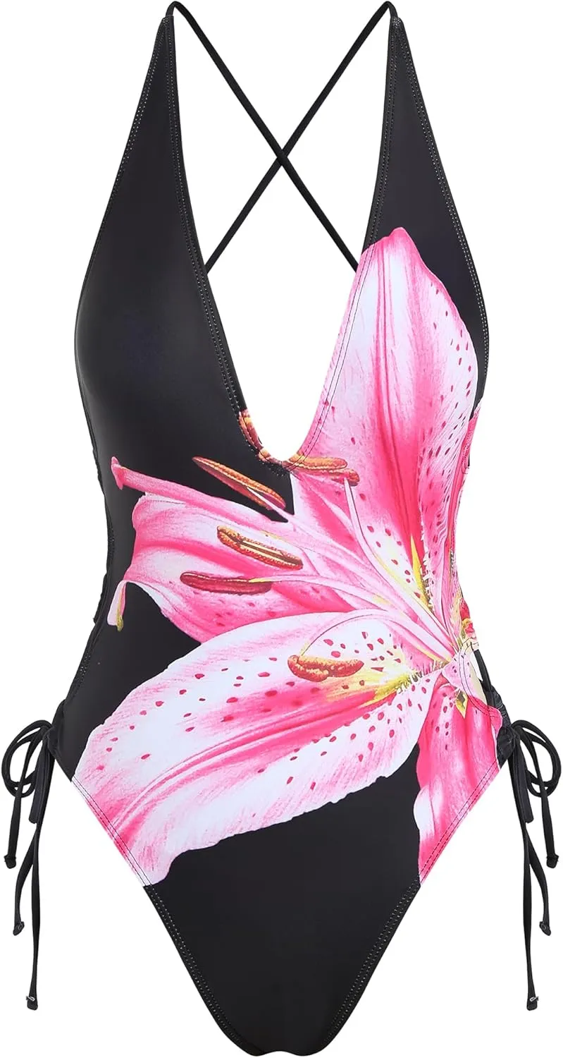 ZAFUL Women Plunging One Piece Swimsuit Backless Cross Tie High Cut Thong One-Piece Bathing Suit