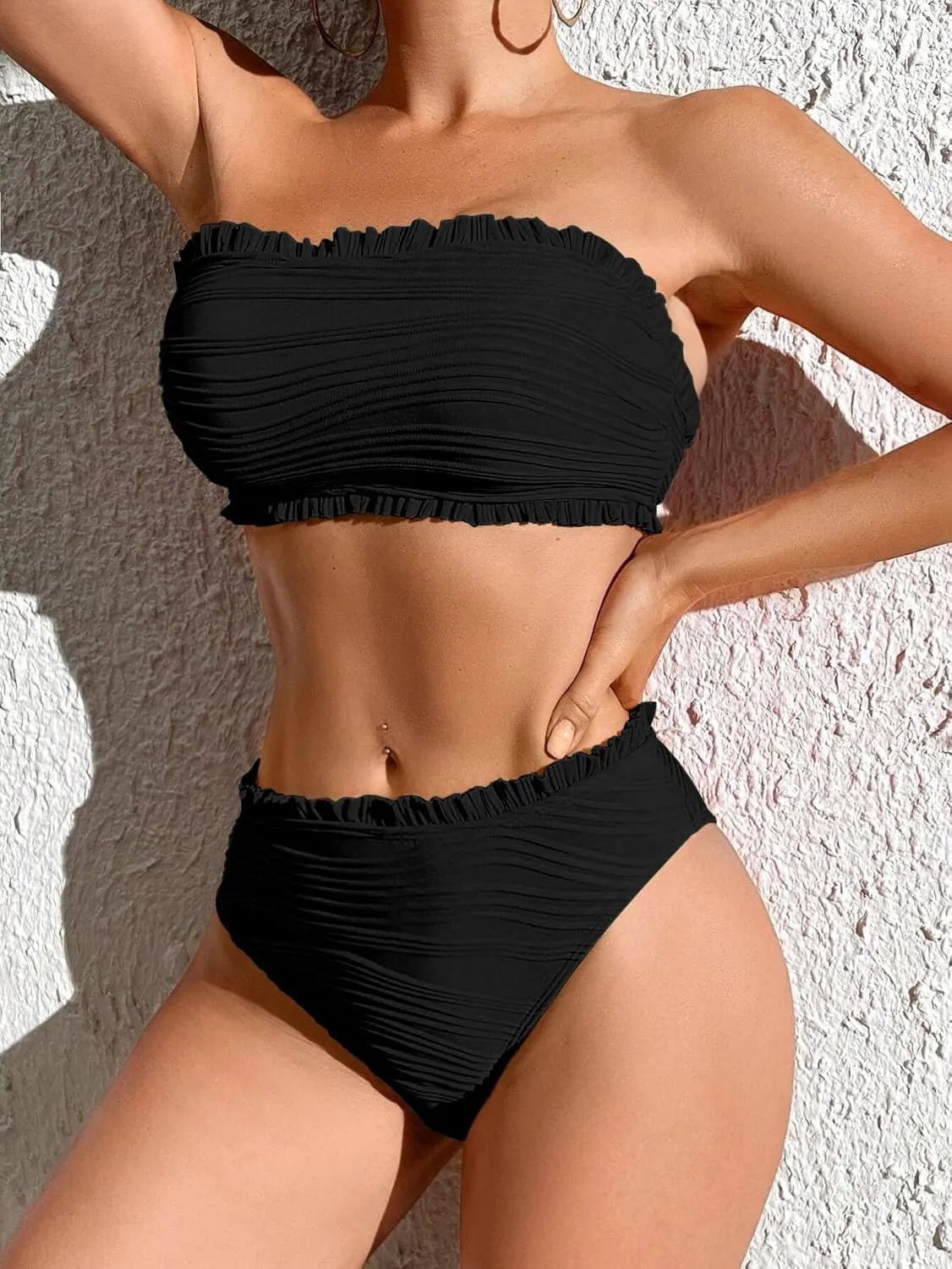 ZAFUL Women Strapless Bandeau Bikini Ruffle 2 Piece Swimwear Cheeky Solid Wave Lace up Bathing Suits