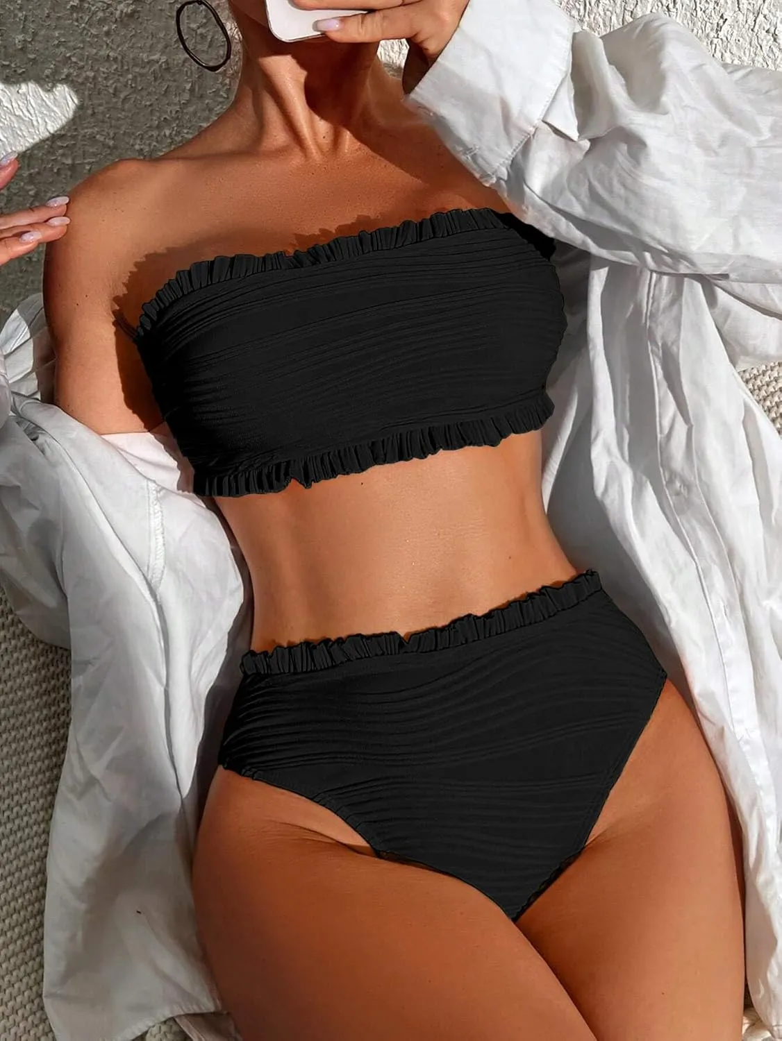 ZAFUL Women Strapless Bandeau Bikini Ruffle 2 Piece Swimwear Cheeky Solid Wave Lace up Bathing Suits