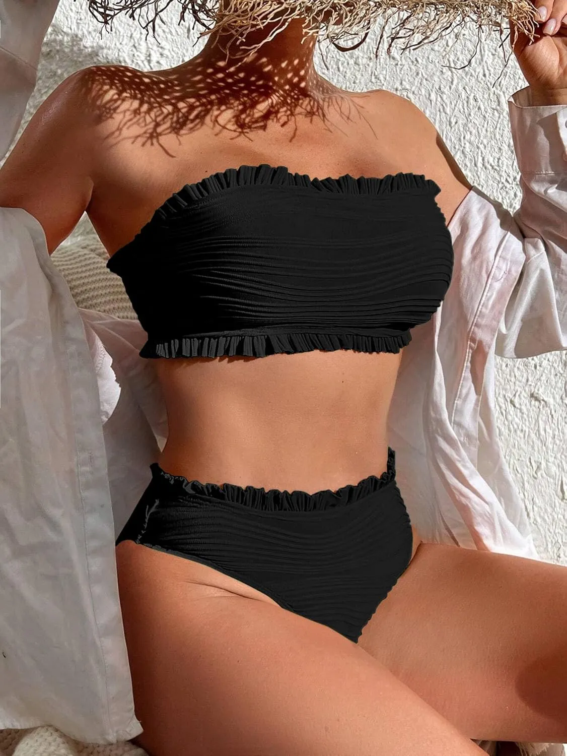 ZAFUL Women Strapless Bandeau Bikini Ruffle 2 Piece Swimwear Cheeky Solid Wave Lace up Bathing Suits