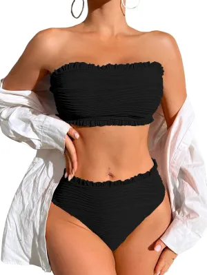 ZAFUL Women Strapless Bandeau Bikini Ruffle 2 Piece Swimwear Cheeky Solid Wave Lace up Bathing Suits