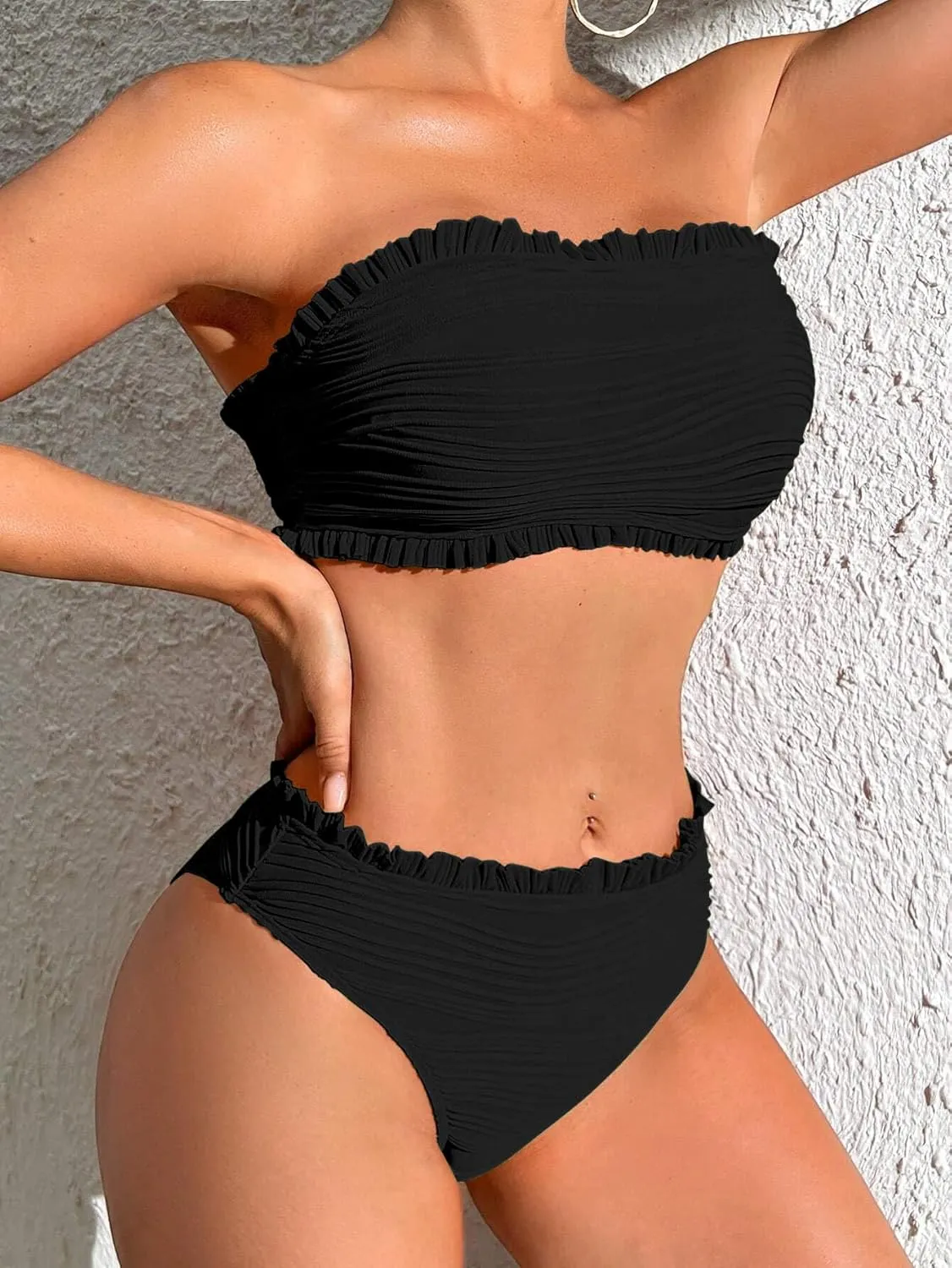 ZAFUL Women Strapless Bandeau Bikini Ruffle 2 Piece Swimwear Cheeky Solid Wave Lace up Bathing Suits