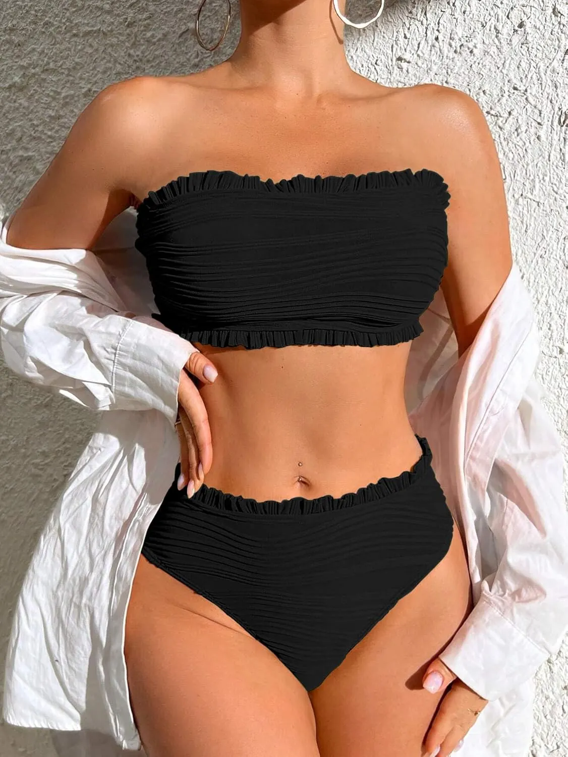 ZAFUL Women Strapless Bandeau Bikini Ruffle 2 Piece Swimwear Cheeky Solid Wave Lace up Bathing Suits