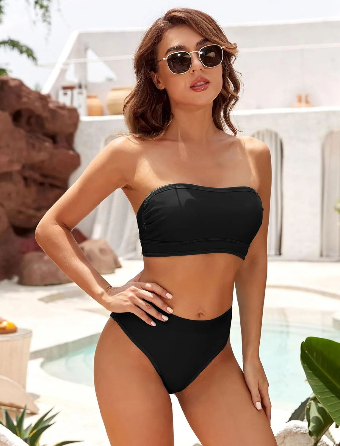 ZAFUL Women Strapless Color Block Bandeau Bikini High Waisted 2 Piece Swimwear Lace up Bathing Suits
