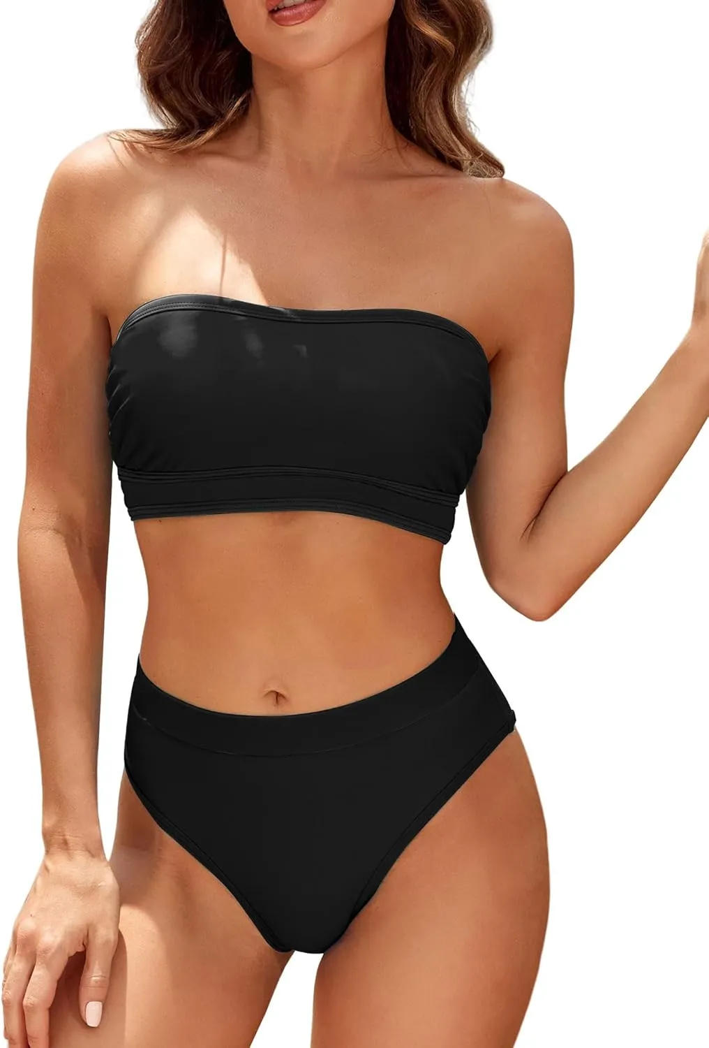 ZAFUL Women Strapless Color Block Bandeau Bikini High Waisted 2 Piece Swimwear Lace up Bathing Suits