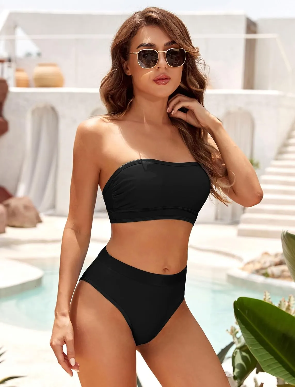 ZAFUL Women Strapless Color Block Bandeau Bikini High Waisted 2 Piece Swimwear Lace up Bathing Suits