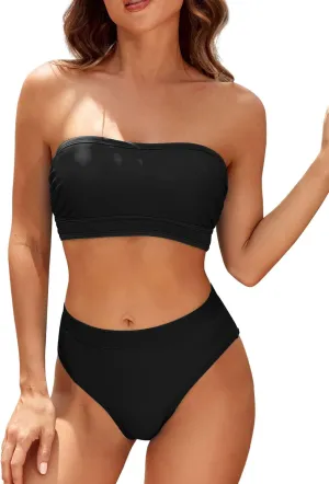 ZAFUL Women Strapless Color Block Bandeau Bikini High Waisted 2 Piece Swimwear Lace up Bathing Suits