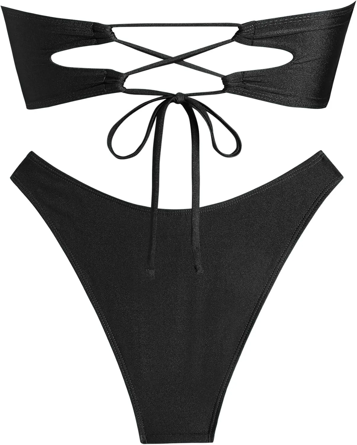 ZAFUL Womens Bandeau Bikini Set Metallic Sparkly O Ring Lace Up Tie Side High Cut Tanga Sexy Bathing Suit Swimwear
