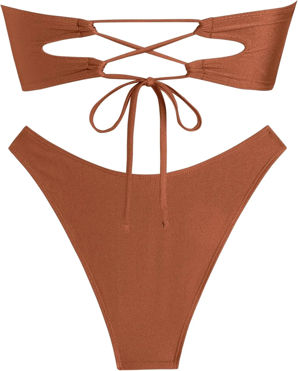 ZAFUL Womens Bandeau Bikini Set Metallic Sparkly O Ring Lace Up Tie Side High Cut Tanga Sexy Bathing Suit Swimwear