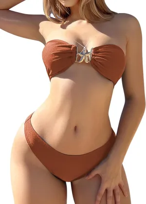 ZAFUL Womens Bandeau Bikini Set Metallic Sparkly O Ring Lace Up Tie Side High Cut Tanga Sexy Bathing Suit Swimwear