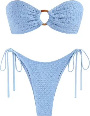 ZAFUL Women's Bandeau Bikini Strapless O Ring Lace Tie Back High Cut Two Piece Swimsuit Bathing Suits