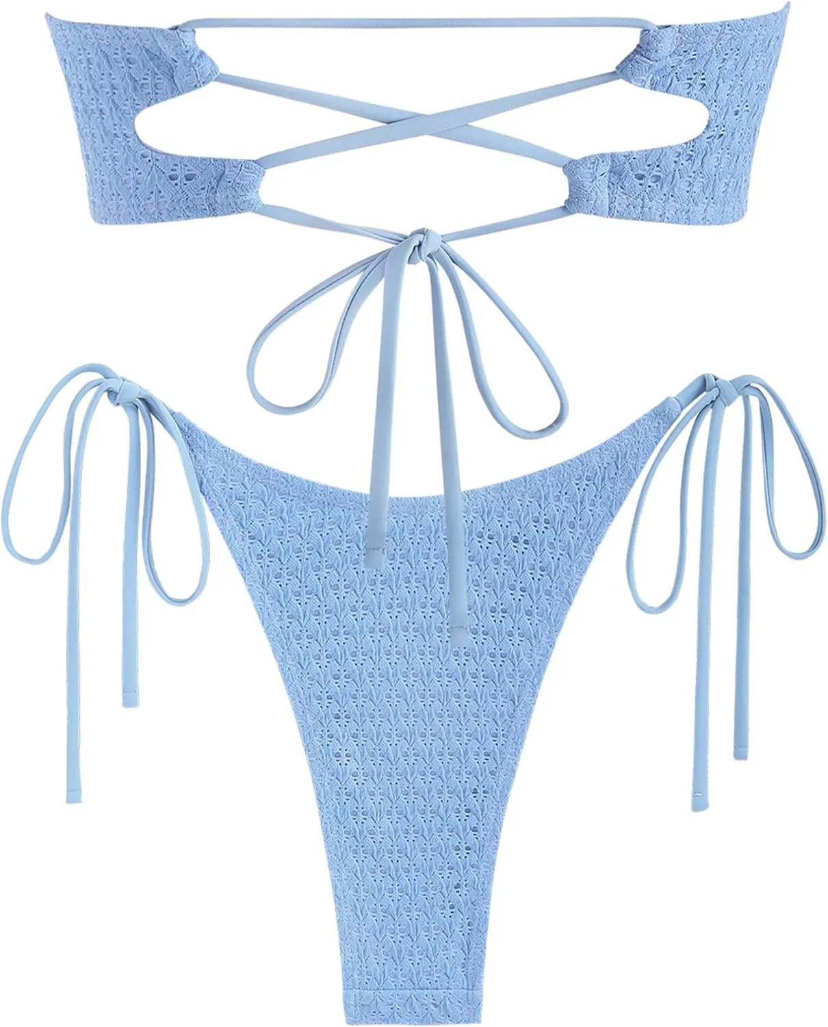 ZAFUL Women's Bandeau Bikini Strapless O Ring Lace Tie Back High Cut Two Piece Swimsuit Bathing Suits