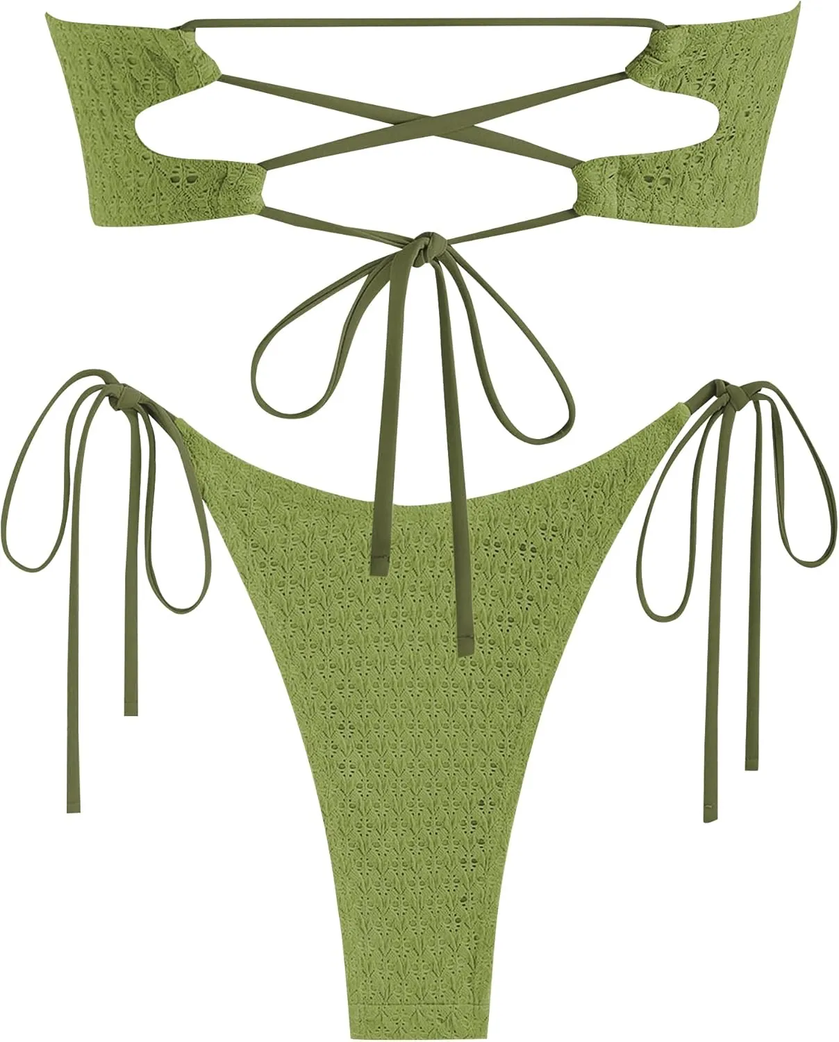 ZAFUL Women's Bandeau Bikini Strapless O Ring Lace Tie Back High Cut Two Piece Swimsuit Bathing Suits