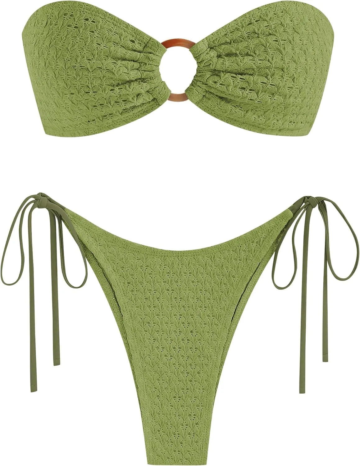 ZAFUL Women's Bandeau Bikini Strapless O Ring Lace Tie Back High Cut Two Piece Swimsuit Bathing Suits