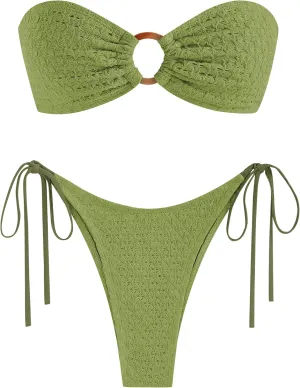 ZAFUL Women's Bandeau Bikini Strapless O Ring Lace Tie Back High Cut Two Piece Swimsuit Bathing Suits