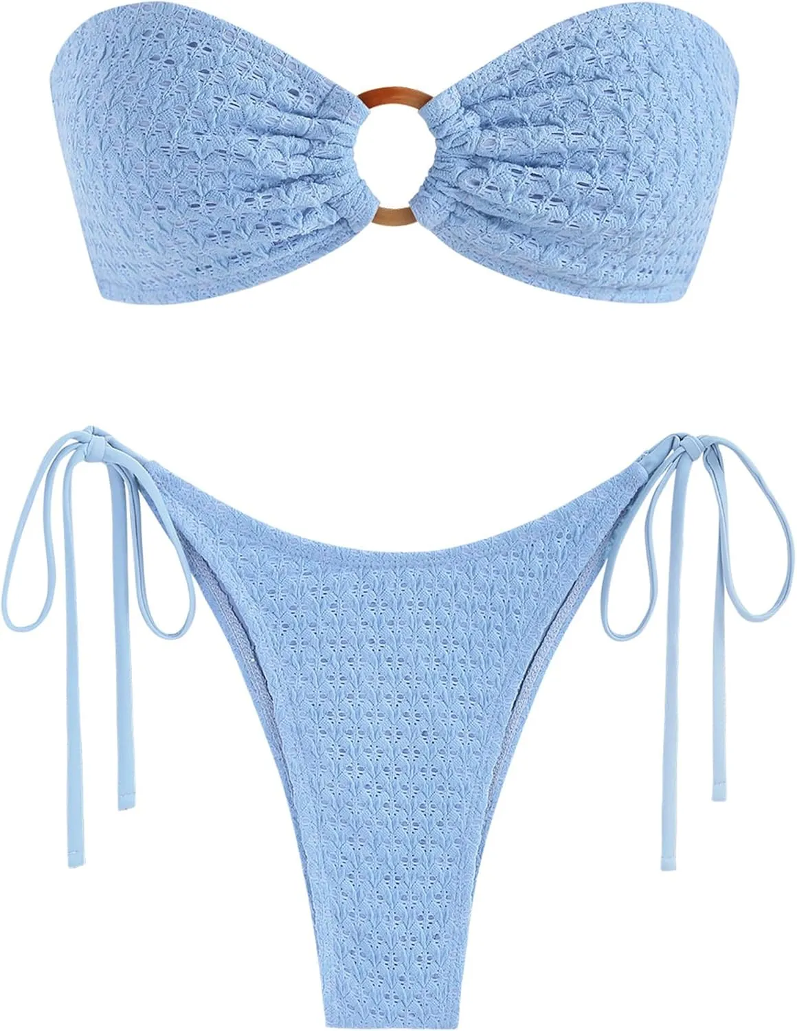 ZAFUL Women's Bandeau Bikini Strapless O Ring Lace Tie Back High Cut Two Piece Swimsuit Bathing Suits