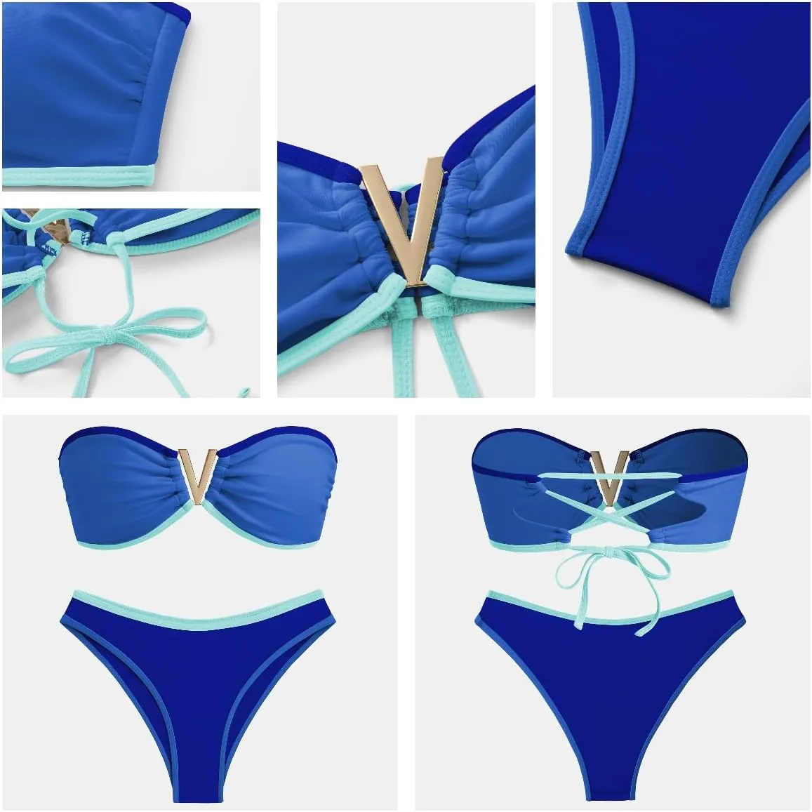 ZAFUL Women's Bandeau Bikini V Strapless Confetti Colorblock Tie Back High Cut Two Piece Swimsuit Bathing Suits