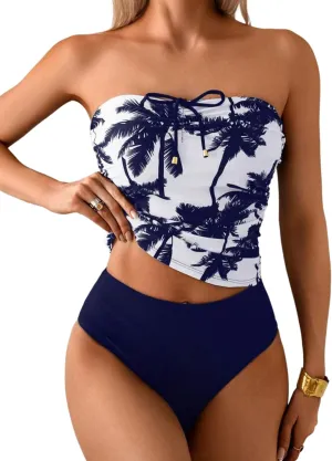 ZAFUL Women's Bandeau Tankini Swimsuit Asymmetrical Slit Bowknot String High Cut Fairyland Cheeky Bathing Suit