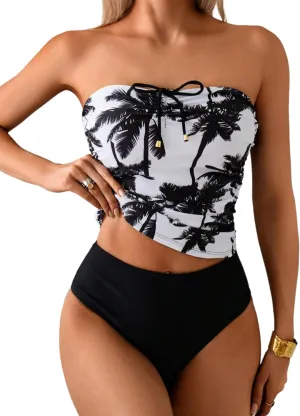ZAFUL Women's Bandeau Tankini Swimsuit Asymmetrical Slit Bowknot String High Cut Fairyland Cheeky Bathing Suit