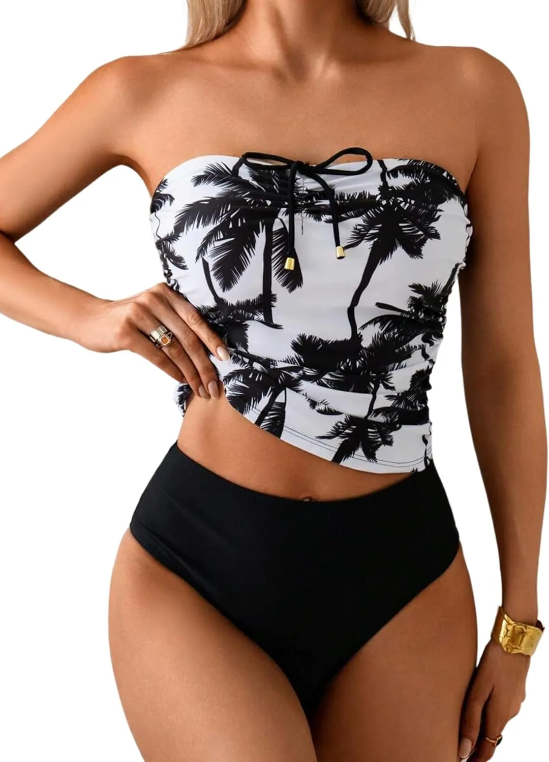 ZAFUL Women's Bandeau Tankini Swimsuit Asymmetrical Slit Bowknot String High Cut Fairyland Cheeky Bathing Suit
