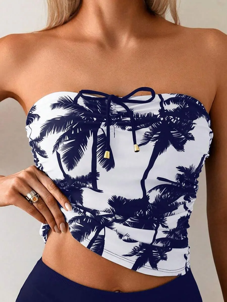 ZAFUL Women's Bandeau Tankini Swimsuit Asymmetrical Slit Bowknot String High Cut Fairyland Cheeky Bathing Suit