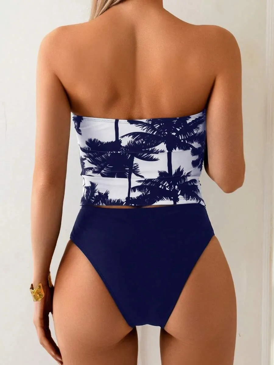 ZAFUL Women's Bandeau Tankini Swimsuit Asymmetrical Slit Bowknot String High Cut Fairyland Cheeky Bathing Suit