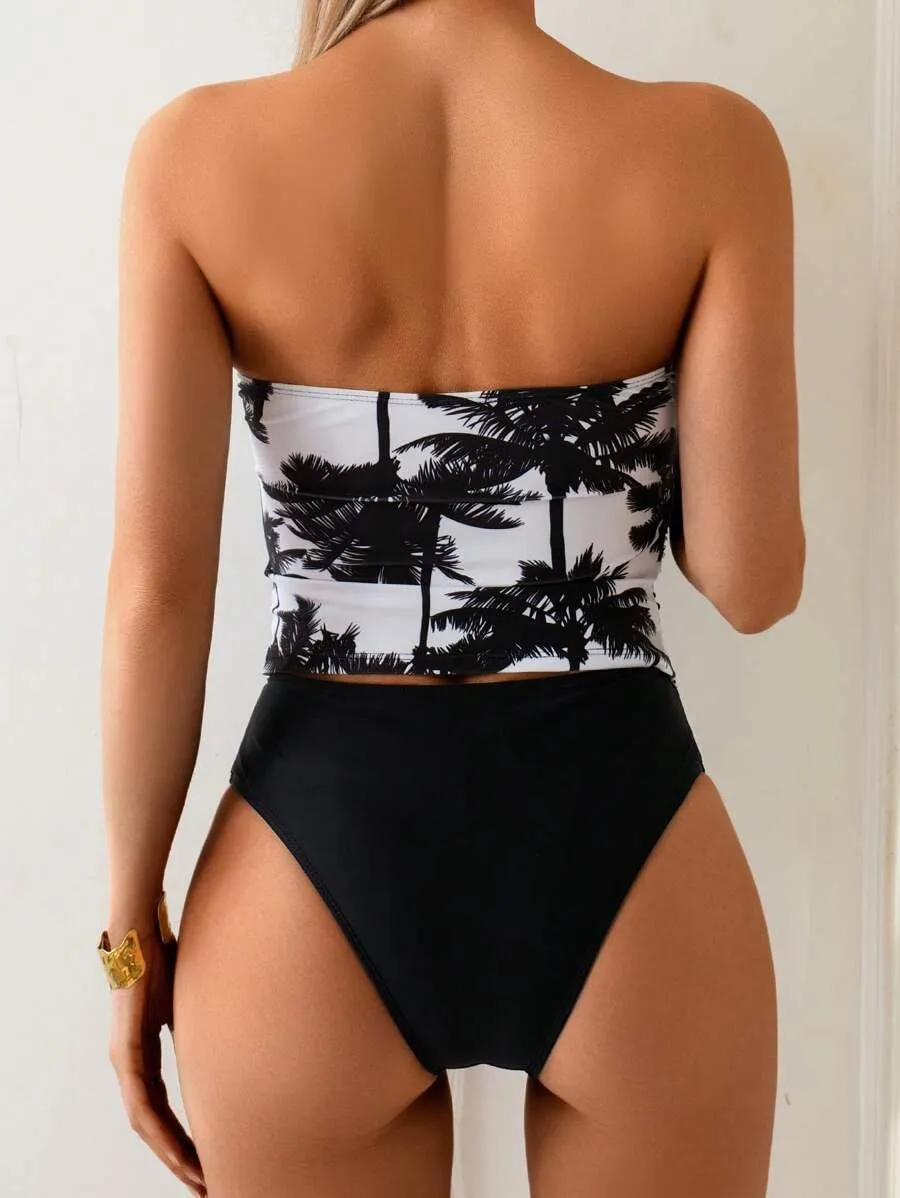 ZAFUL Women's Bandeau Tankini Swimsuit Asymmetrical Slit Bowknot String High Cut Fairyland Cheeky Bathing Suit