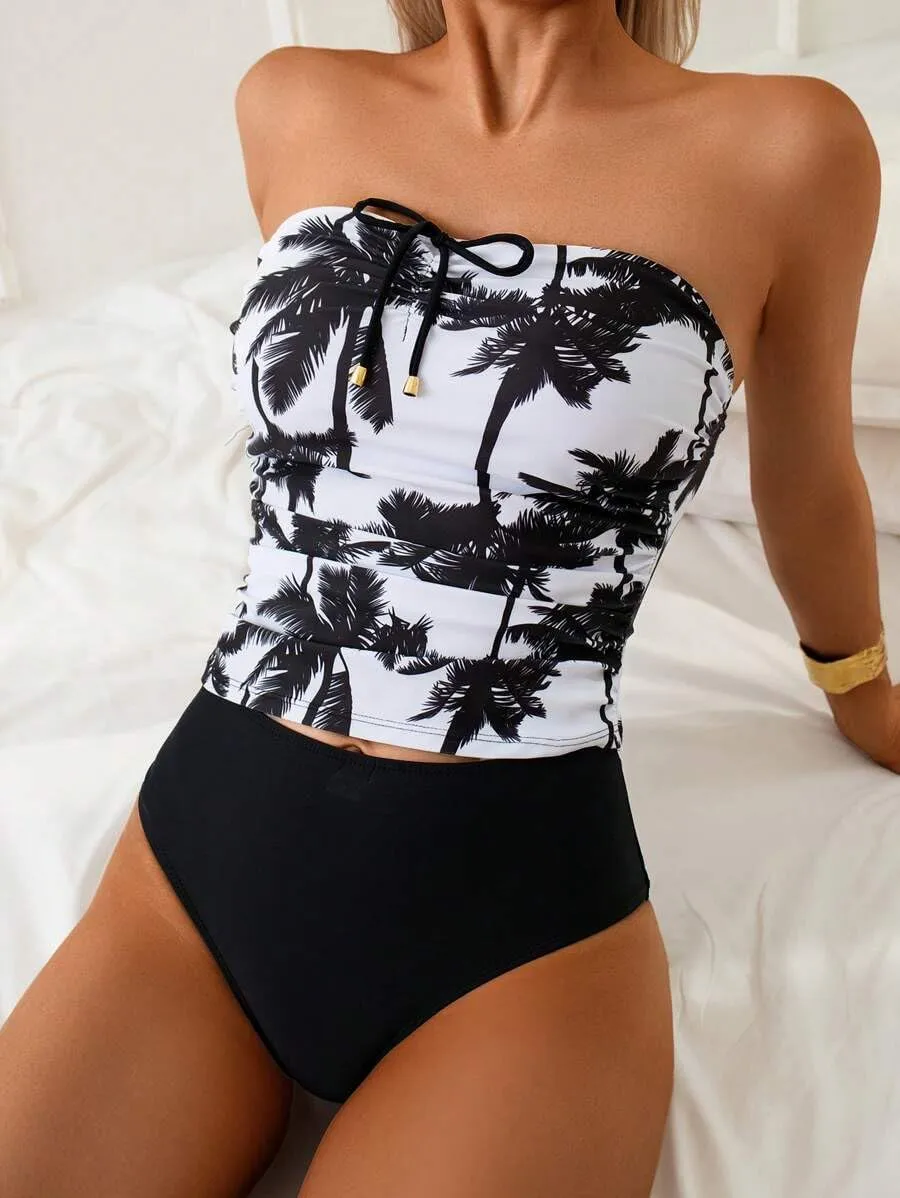 ZAFUL Women's Bandeau Tankini Swimsuit Asymmetrical Slit Bowknot String High Cut Fairyland Cheeky Bathing Suit