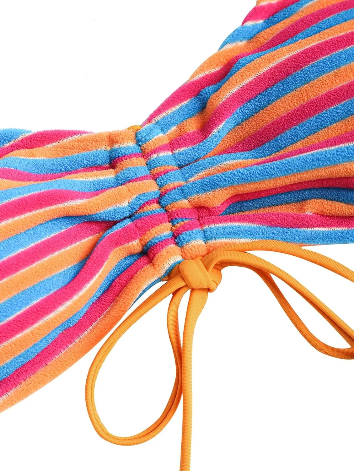 ZAFUL Women's Bikini Sets Flocking Textured High Cut Ruched Swimsuit Colorful Stripes Drawstring Bathing Suit