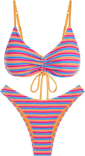 ZAFUL Women's Bikini Sets Flocking Textured High Cut Ruched Swimsuit Colorful Stripes Drawstring Bathing Suit