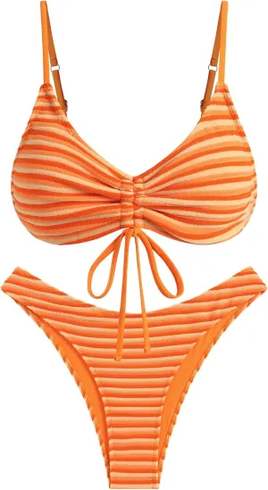 ZAFUL Women's Bikini Sets Flocking Textured High Cut Ruched Swimsuit Colorful Stripes Drawstring Bathing Suit