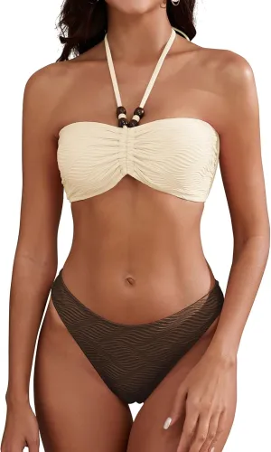 ZAFUL Women's Halter Bandeau Bikini Beaded Tie Back String Bikini Set Push Up Two Piece Swimsuit Bathing Suits