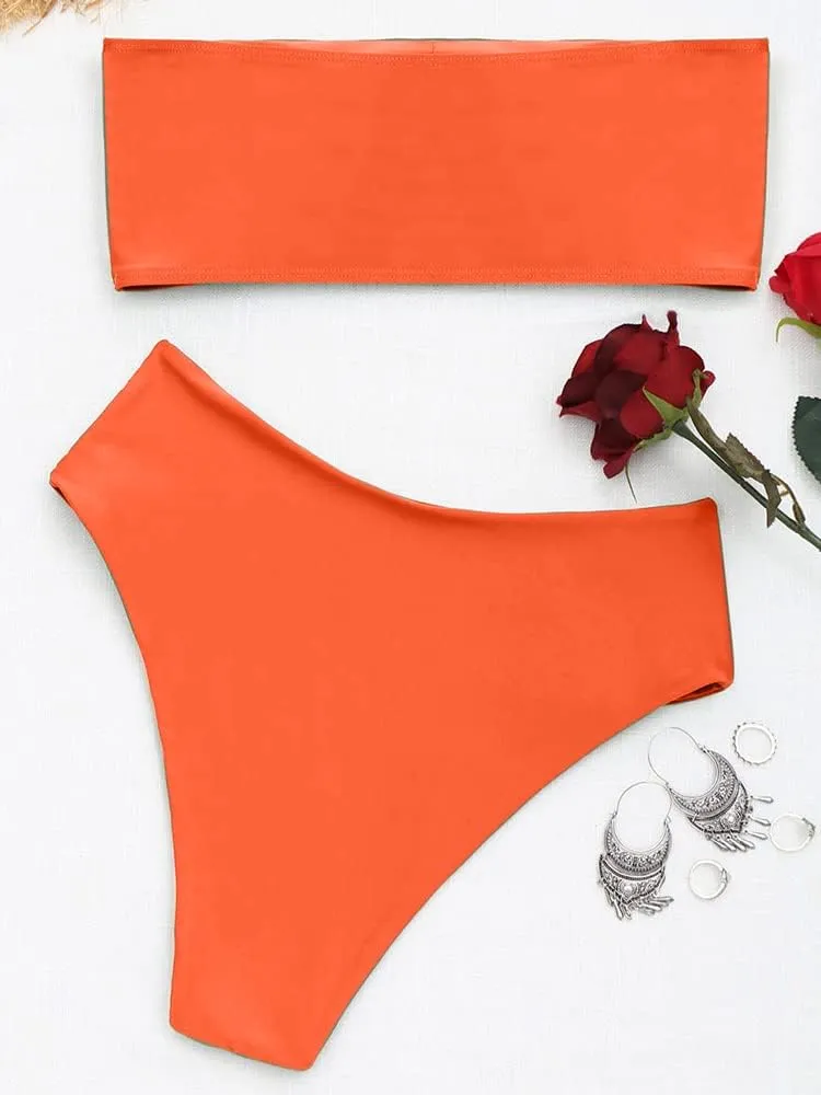 ZAFUL Women's High Cut Bandeau Bikini Set Strapless Solid Color 2 Pieces Bathing Suit Swimsuit