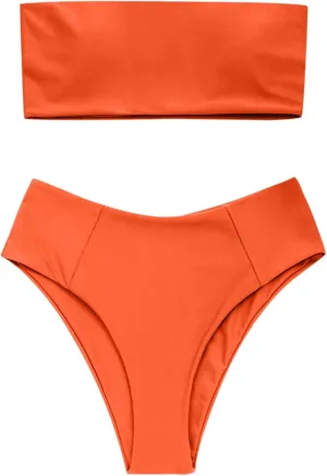 ZAFUL Women's High Cut Bandeau Bikini Set Strapless Solid Color 2 Pieces Bathing Suit Swimsuit