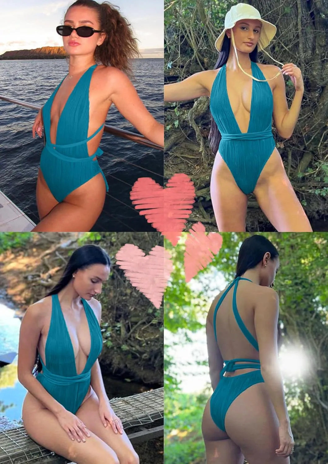 ZAFUL Women's One Piece Swimsuit Deep V Neck Ribbed Self Tie Sexy High Cut Bathing Suit Crisscross Back Swimwear