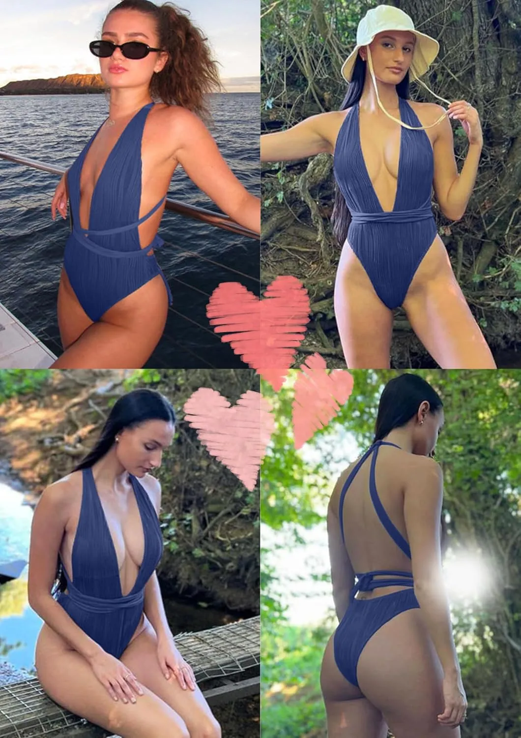 ZAFUL Women's One Piece Swimsuit Deep V Neck Ribbed Self Tie Sexy High Cut Bathing Suit Crisscross Back Swimwear