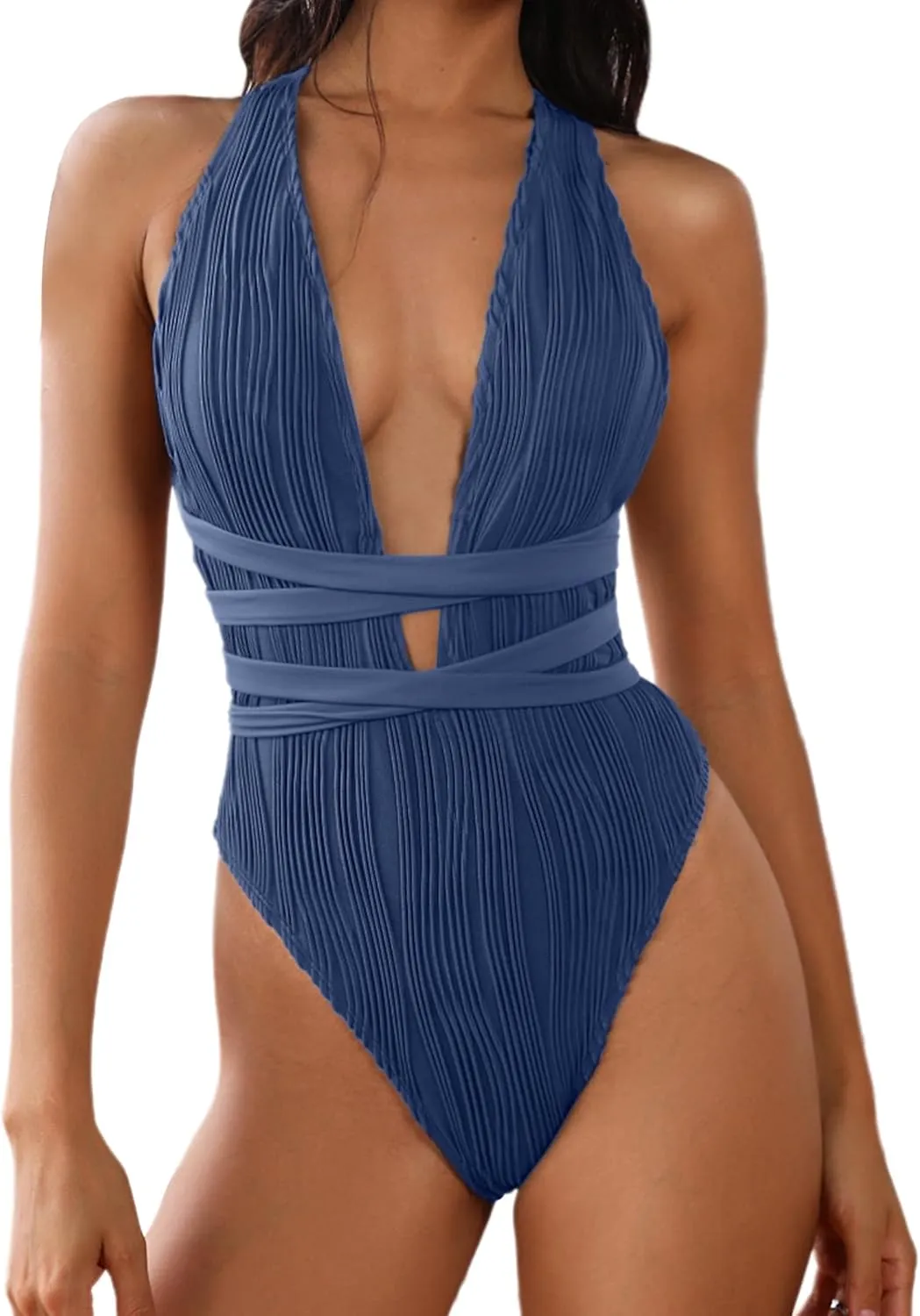 ZAFUL Women's One Piece Swimsuit Deep V Neck Ribbed Self Tie Sexy High Cut Bathing Suit Crisscross Back Swimwear