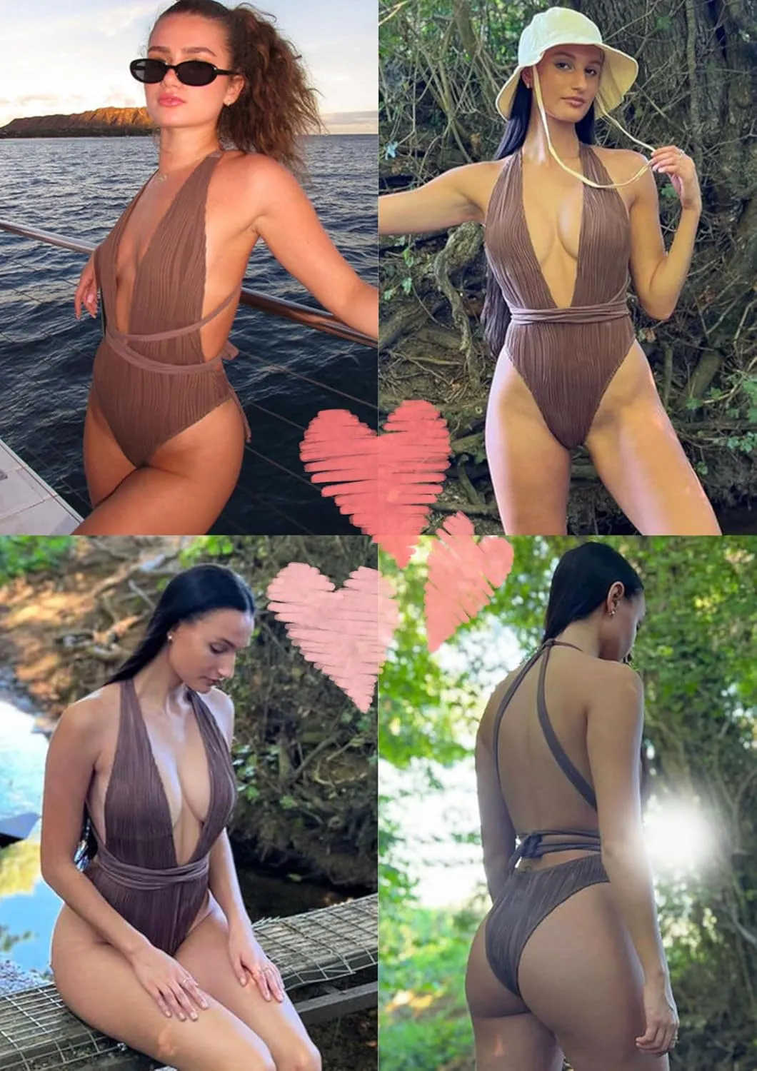 ZAFUL Women's One Piece Swimsuit Deep V Neck Ribbed Self Tie Sexy High Cut Bathing Suit Crisscross Back Swimwear